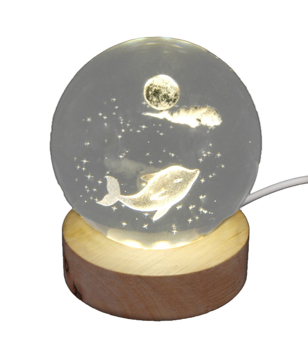 Hologramm Glaskugel Delfin inkl. Holz LED-Untersetzer
