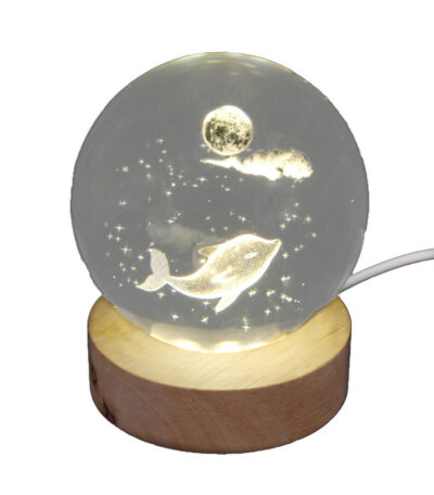 Hologramm Glaskugel Delfin inkl. Holz LED-Untersetzer