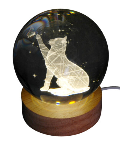 Hologramm Glaskugel Katze inkl. Holz LED-Untersetzer