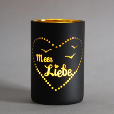 Glas-Windlicht Meer Liebe Schwarz-Gold 10x15 cm