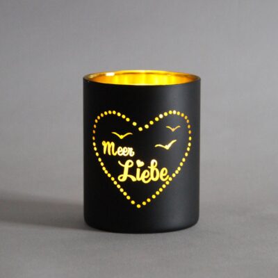 Glas-Windlicht Meer Liebe Schwarz-Gold 8x10 cm