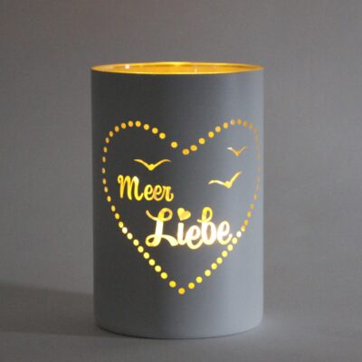 Glas-Windlicht Meer Liebe Weiß-Silber 10x15 cm