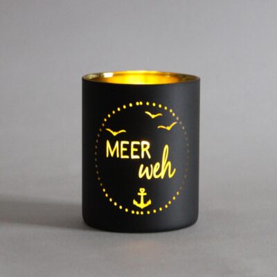 Glas-Windlicht Meer Weh Schwarz-Gold 8x10 cm