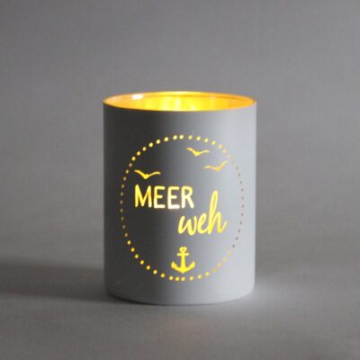 Glas-Windlicht Meer Weh Weiß-Silber 8x10 cm